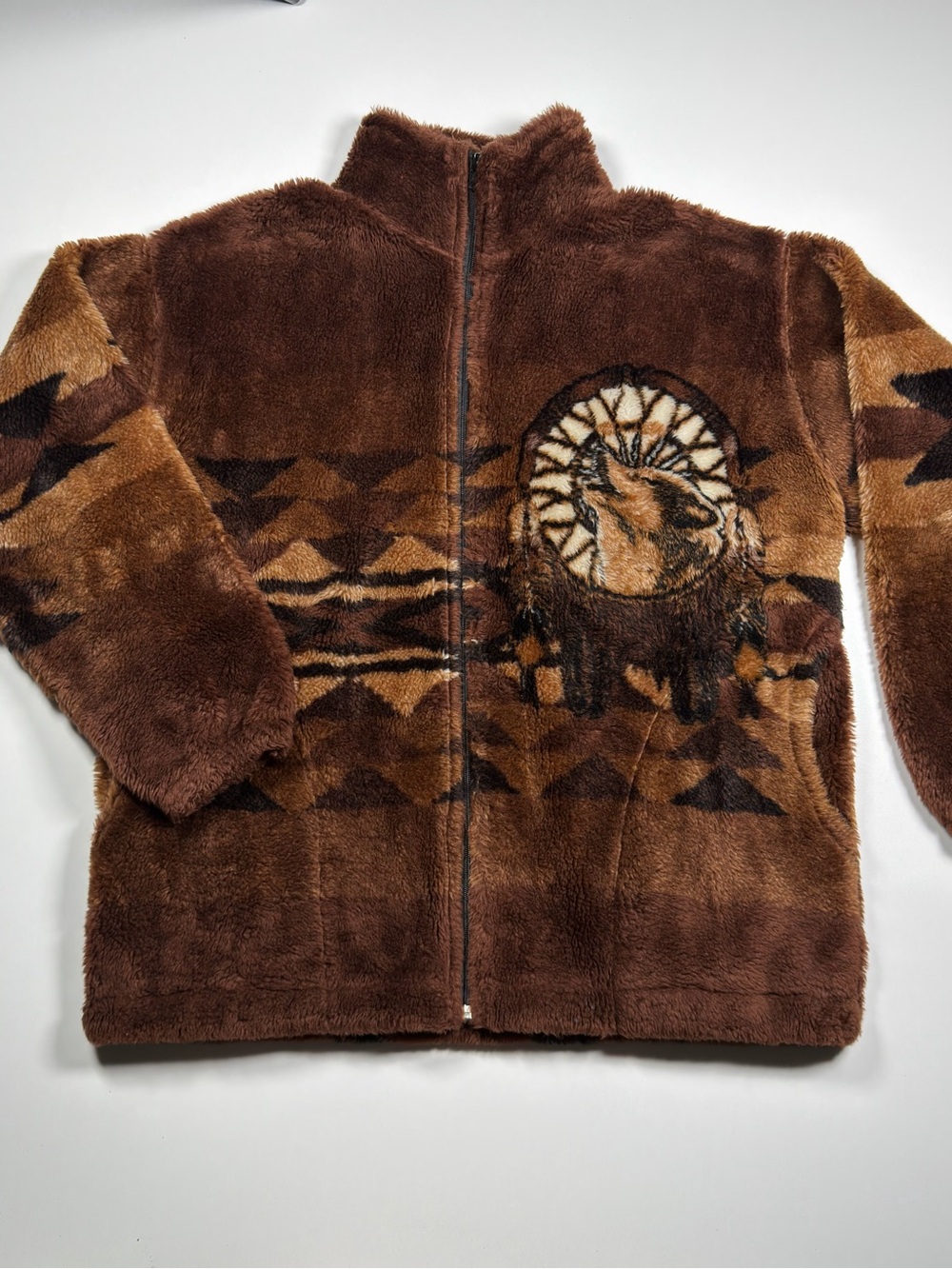 Vintage 90’s D.A.P.L Unisex Brown Faux-Fur Wolf Fluffy Fleece Full Zip Sweater